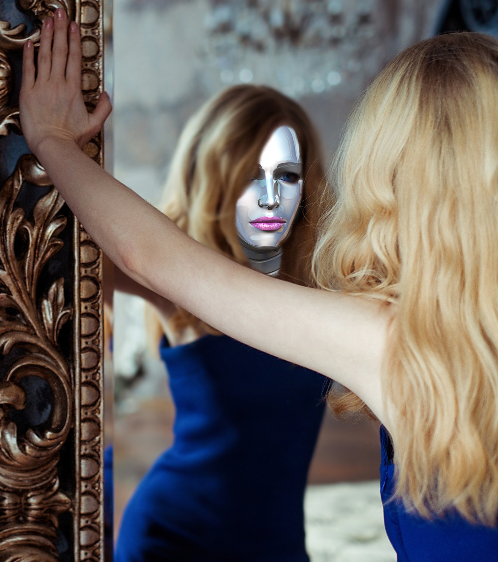 仮面のs女性が鏡に写る