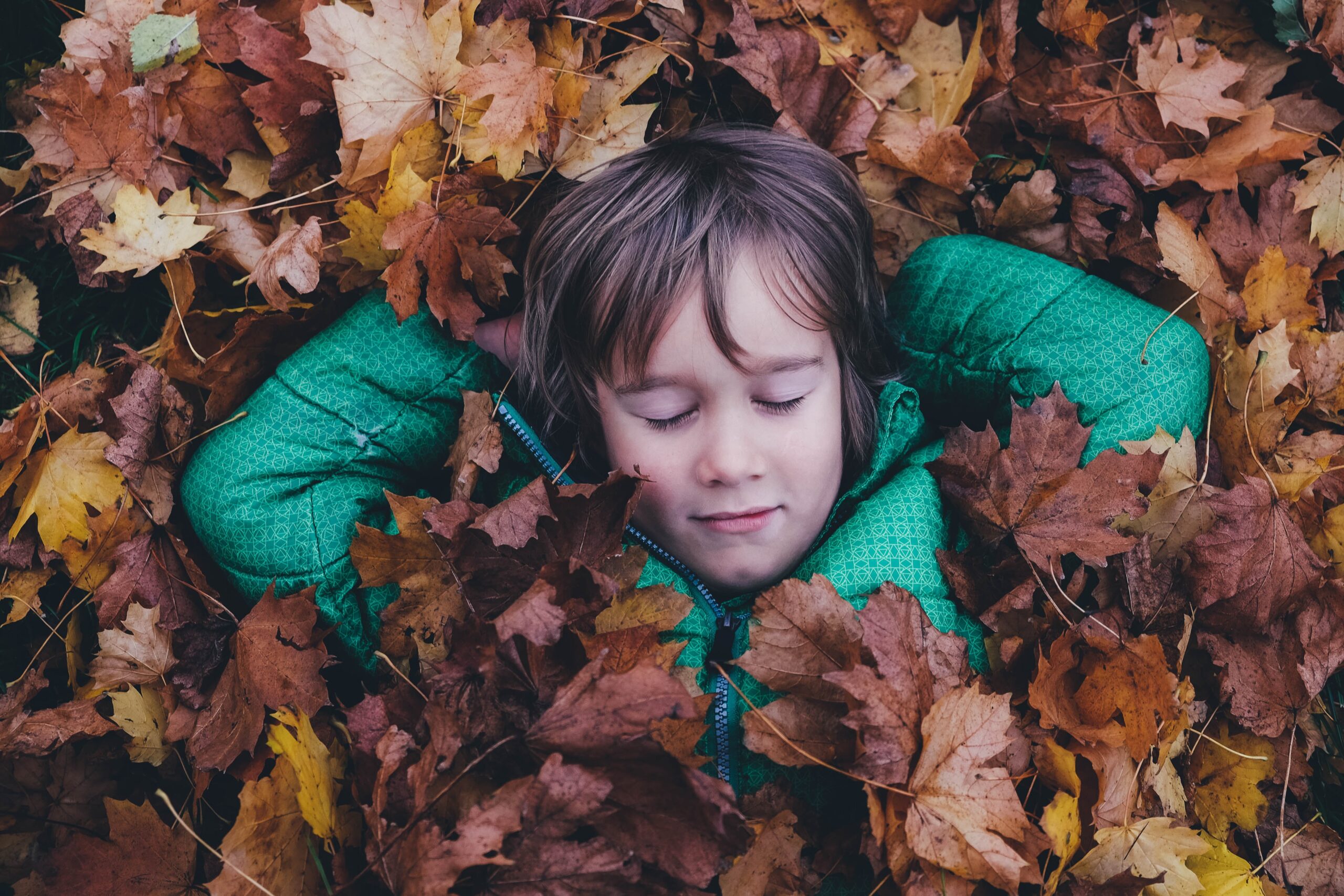 落ち葉で眠る少年