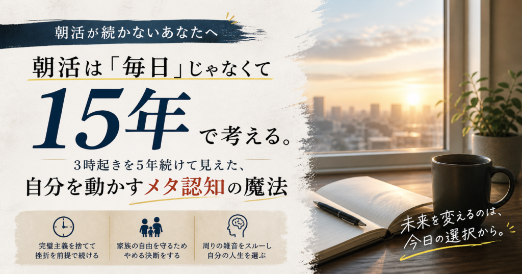 朝活を15年続けるためのメタ認知と戦略的休養を表現したアイキャッチ画像