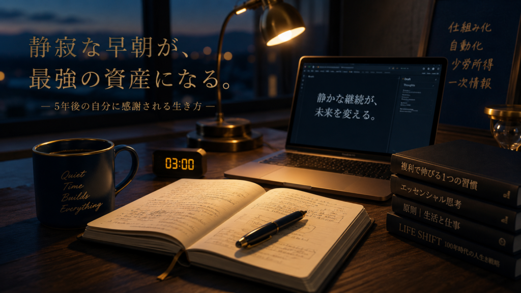 早朝のデスクで静かに作業する様子を表現したアイキャッチ画像