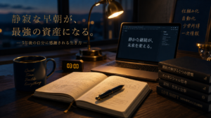 早朝のデスクで静かに作業する様子を表現したアイキャッチ画像