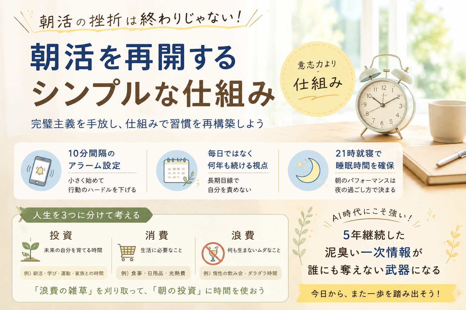 夜明け前の静かな部屋で、再び机に向かう決意を表現したアイキャッチ画像