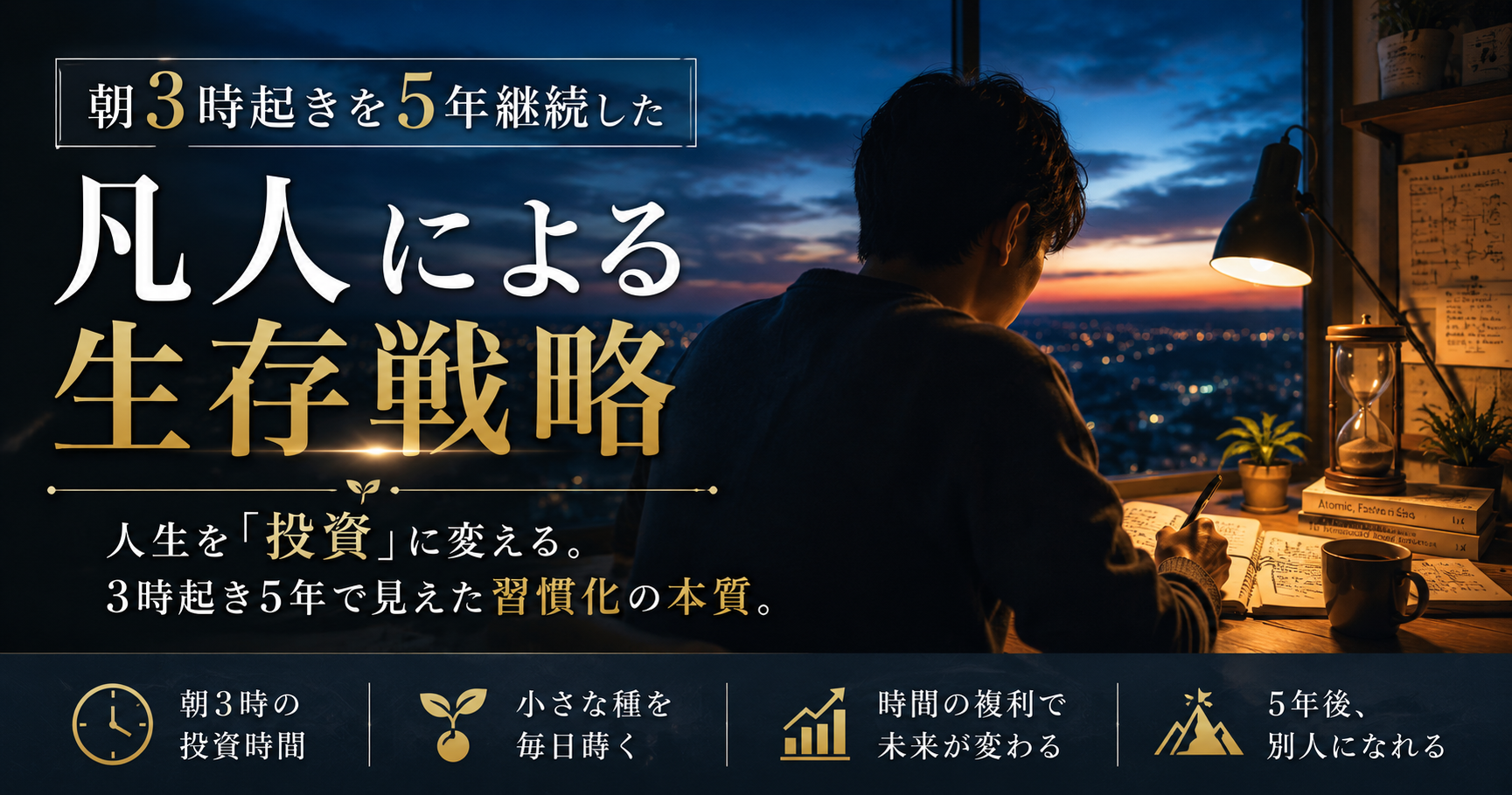 静かな夜明け、畑に種を蒔くように時間を投資する様子を表現したイメージ