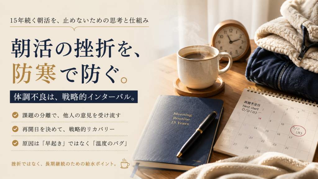 朝3時の静寂、温かいコーヒーマグ、閉じられたノートと万年筆、再開予定日「◯/◯」が丸で囲まれたカレンダー、そして椅子の背もたれに掛けられたモコモコしたフリース。朝活を継続するための物理的環境の調整を表現した写真。