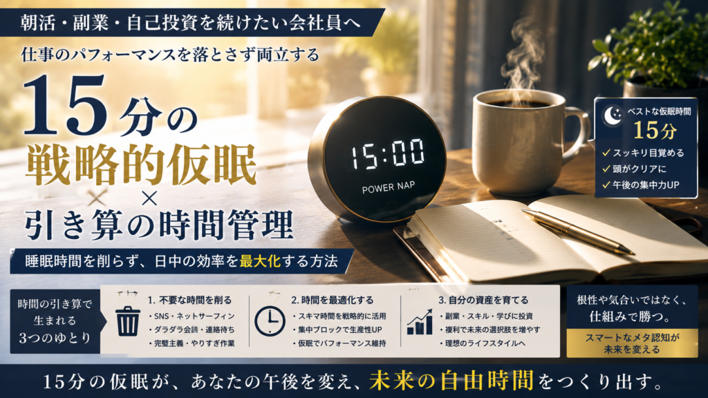 朝3時の静寂なデスク、タイマーが「15:00」を指すシンプルな時計、開いたノートと万年筆、そして温かいコーヒー。仕事に支障を出さないための計画的仮眠と効率的な朝活環境を表現した写真。