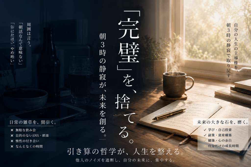 朝3時の静寂の中でノートを開き、他人のノイズを遮断して自分の未来を見つめる書斎のイメージ