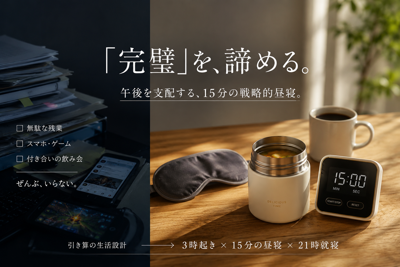 昼休みに会社のデスクで目を閉じ、15分間の戦略的な仮眠をとることで日中の眠気をすっきりとリセットしているビジネスパーソンのイメージ