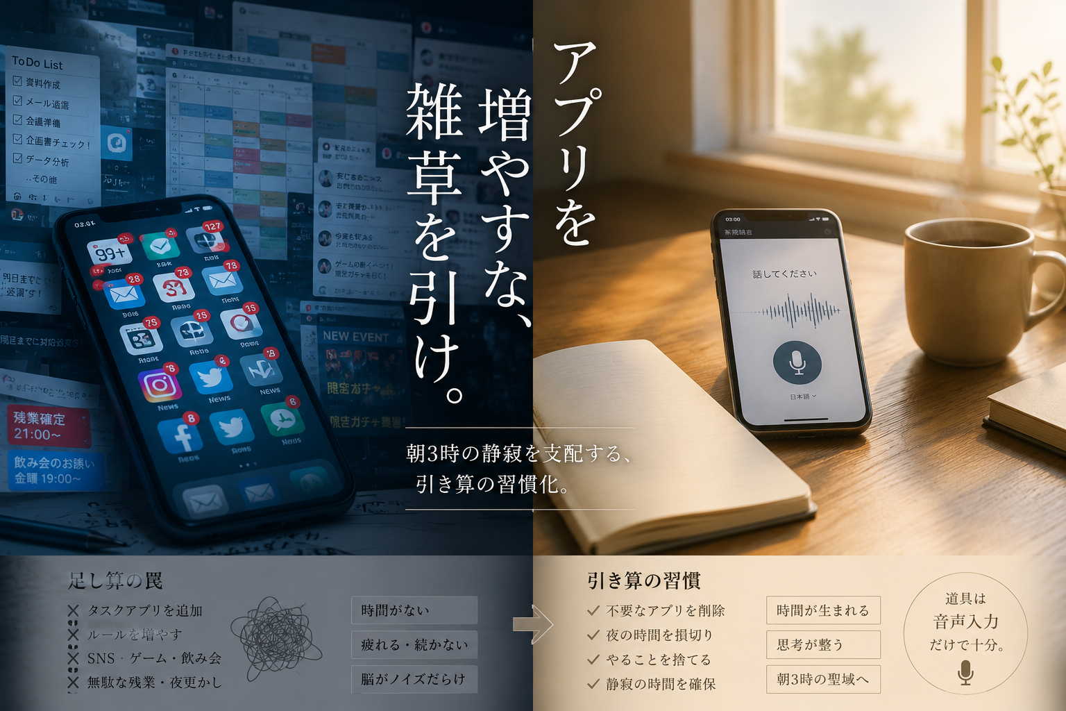 画面上に乱雑に並んだタスク管理アプリの通知が「引き算」として消去され、朝3時の静かなデスクの上でスマートフォンの音声入力を使って思考を整理するミニマルで知的な作業環境のイメージ