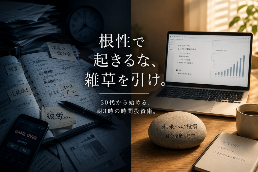 30代の多忙なスケジュール表から、無駄な残業やゲーム、飲み会といった予定が「日常の雑草」としてむしり取られ、朝3時の静かなデスクスペースに温かい光が差し込む中で、自分の未来のための作業（大きな石）を優先して進めているイメージ