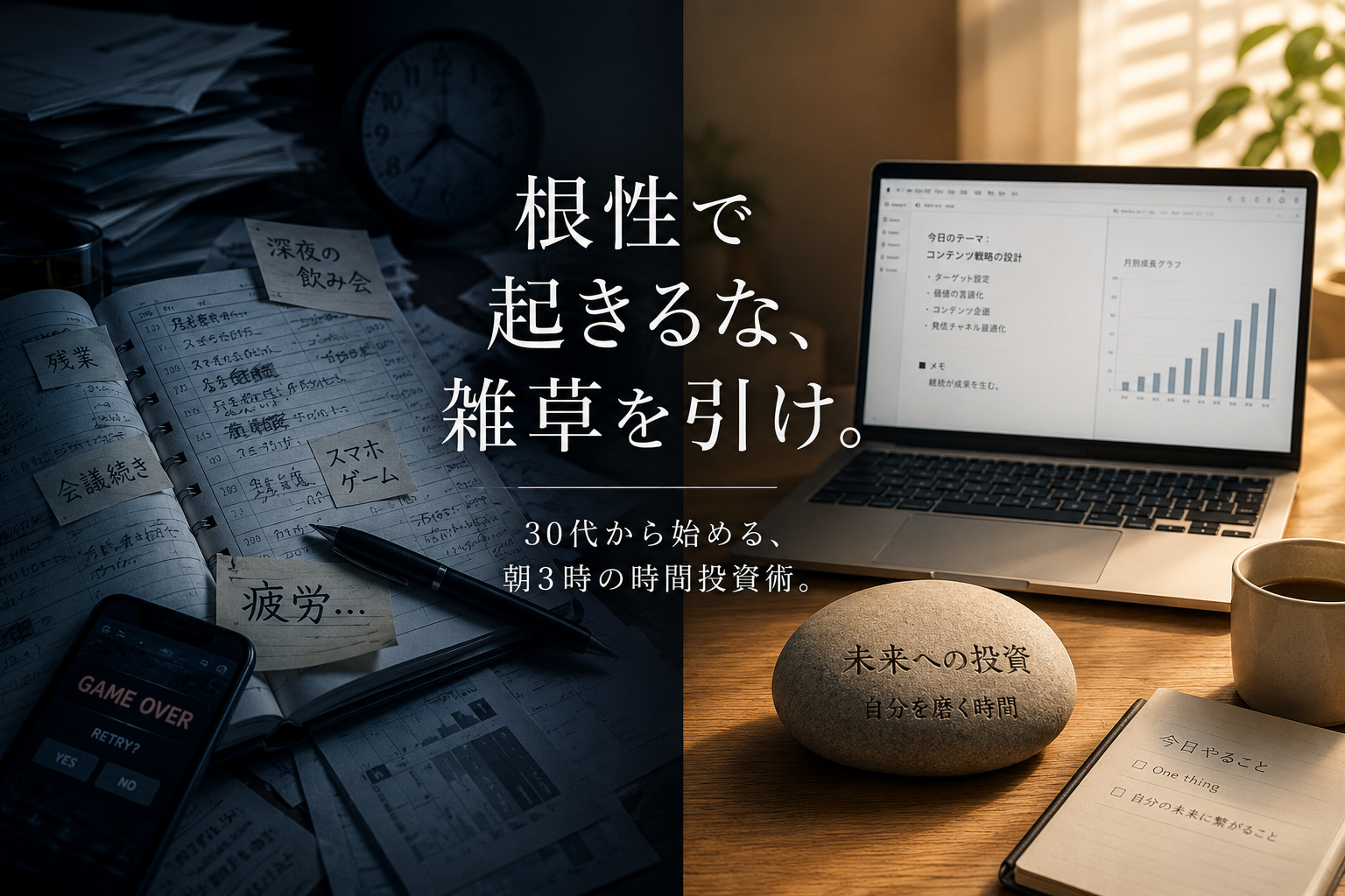 30代の多忙なスケジュール表から、無駄な残業やゲーム、飲み会といった予定が「日常の雑草」としてむしり取られ、朝3時の静かなデスクスペースに温かい光が差し込む中で、自分の未来のための作業(大きな石)を優先して進めているイメージ