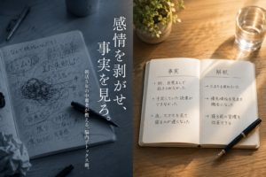 脳内で混ざり合っていた「出来事（事実）」と「感情（解釈）」が、ジャーナリングによって綺麗に左右に切り分けられ、整理された木目調のデスクの上で温かい光が差し込むノートとペンが置かれているイメージ