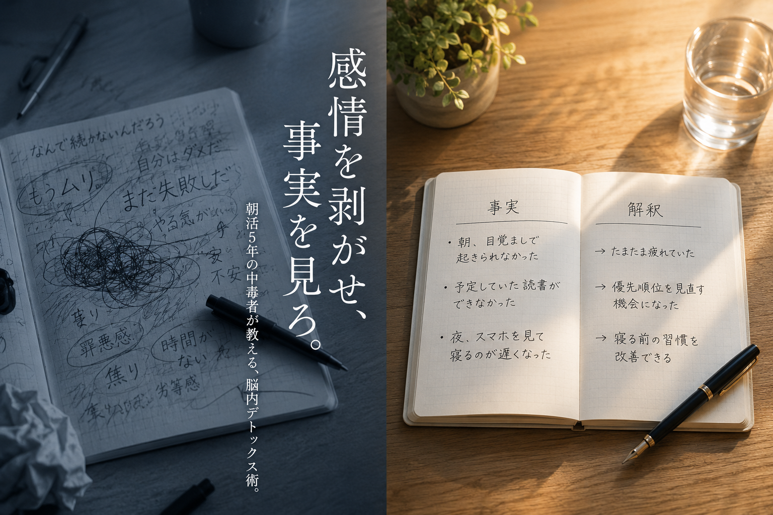 脳内で混ざり合っていた「出来事(事実)」と「感情(解釈)」が、ジャーナリングによって綺麗に左右に切り分けられ、整理された木目調のデスクの上で温かい光が差し込むノートとペンが置かれているイメージ