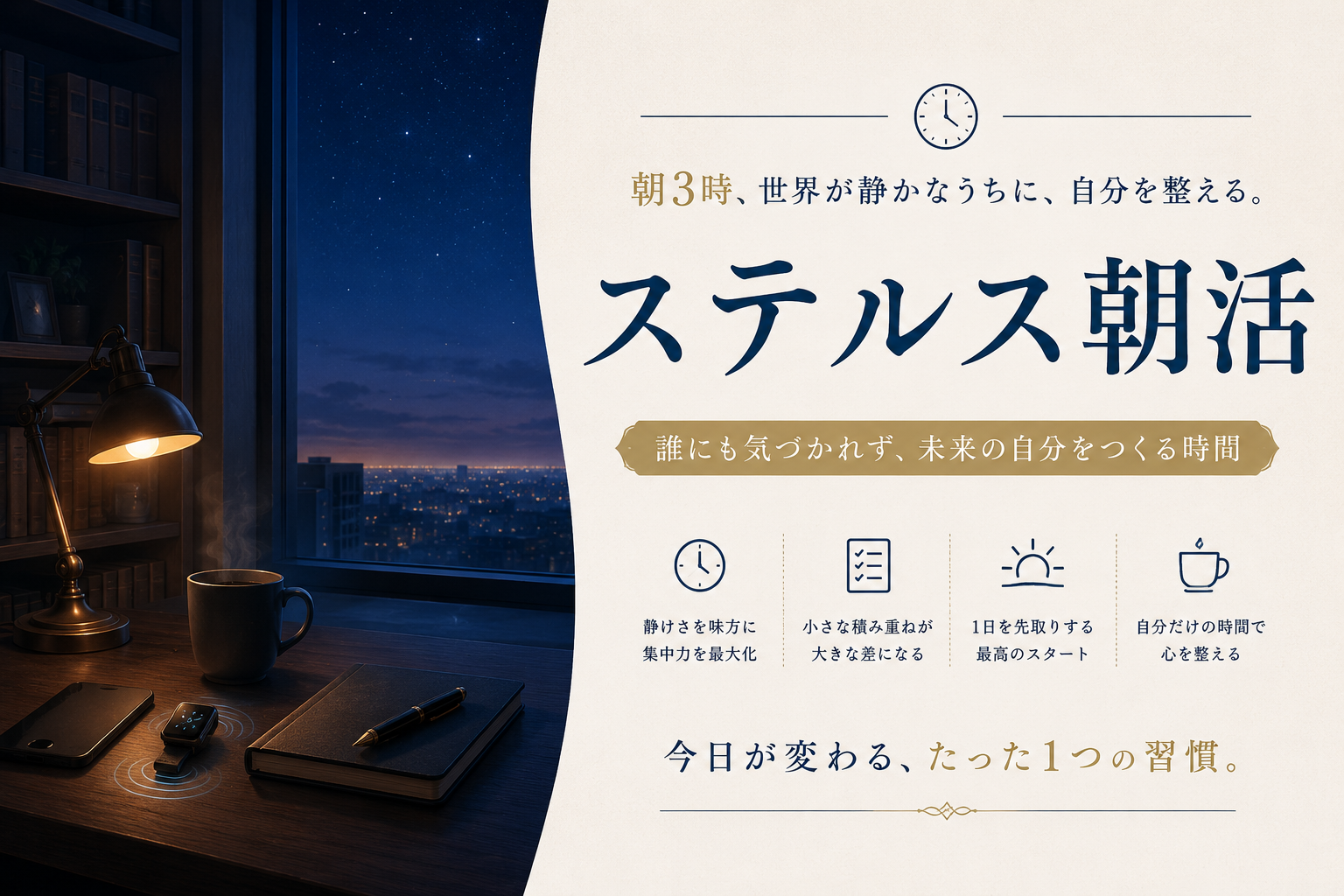 3時起き朝活で家族に迷惑をかけないために、アラームをバイブに変え、引き算の哲学で一人時間を確保する様子を表現したイメージ画像