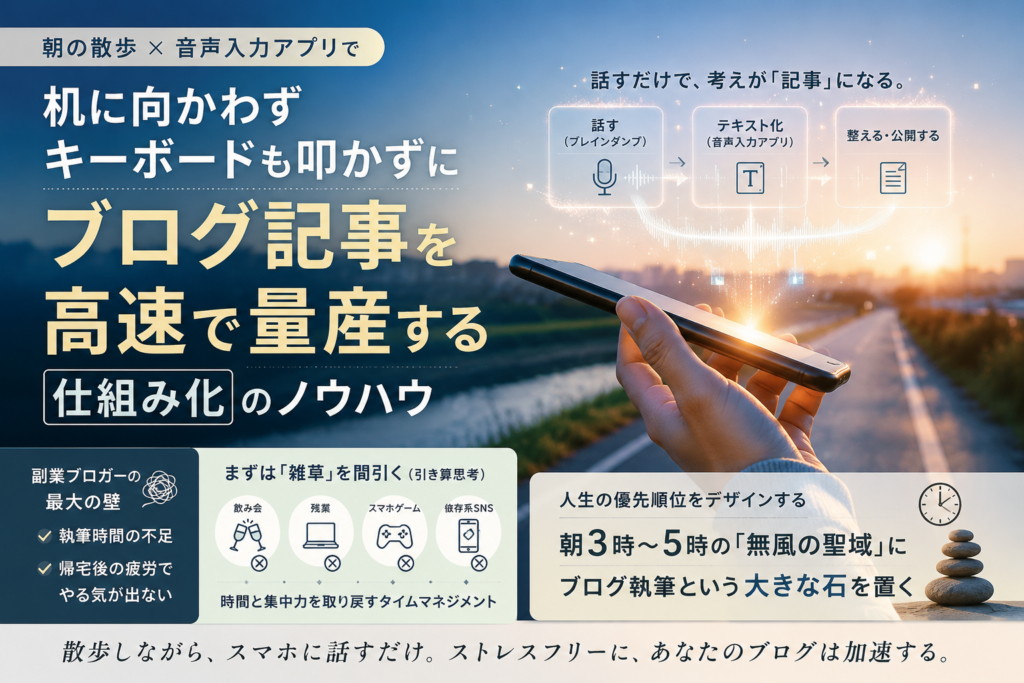 朝の澄んだ空気の中、スマートフォンを手に持って歩きながら、口元に近づけて音声入力でブログを執筆している様子のイメージ画像。背景には朝日が昇る静かな道と、スマートでミニマルなライフスタイル。