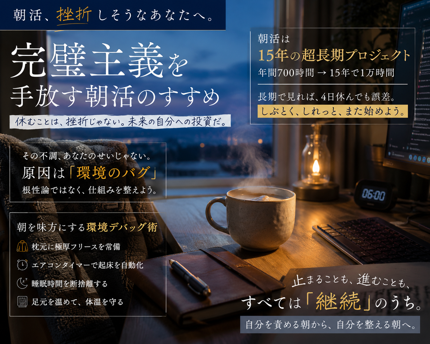 冬の薄暗く冷え切った朝の寝室。ベッドの横に置かれた木製の椅子にモコモコした暖かいフリースが掛けられており、デスクの上には温かい飲み物が入ったマグカップから湯気が優しく立ち上っている。窓の外は夜明け前の深い青色（ブルーモーメント）。