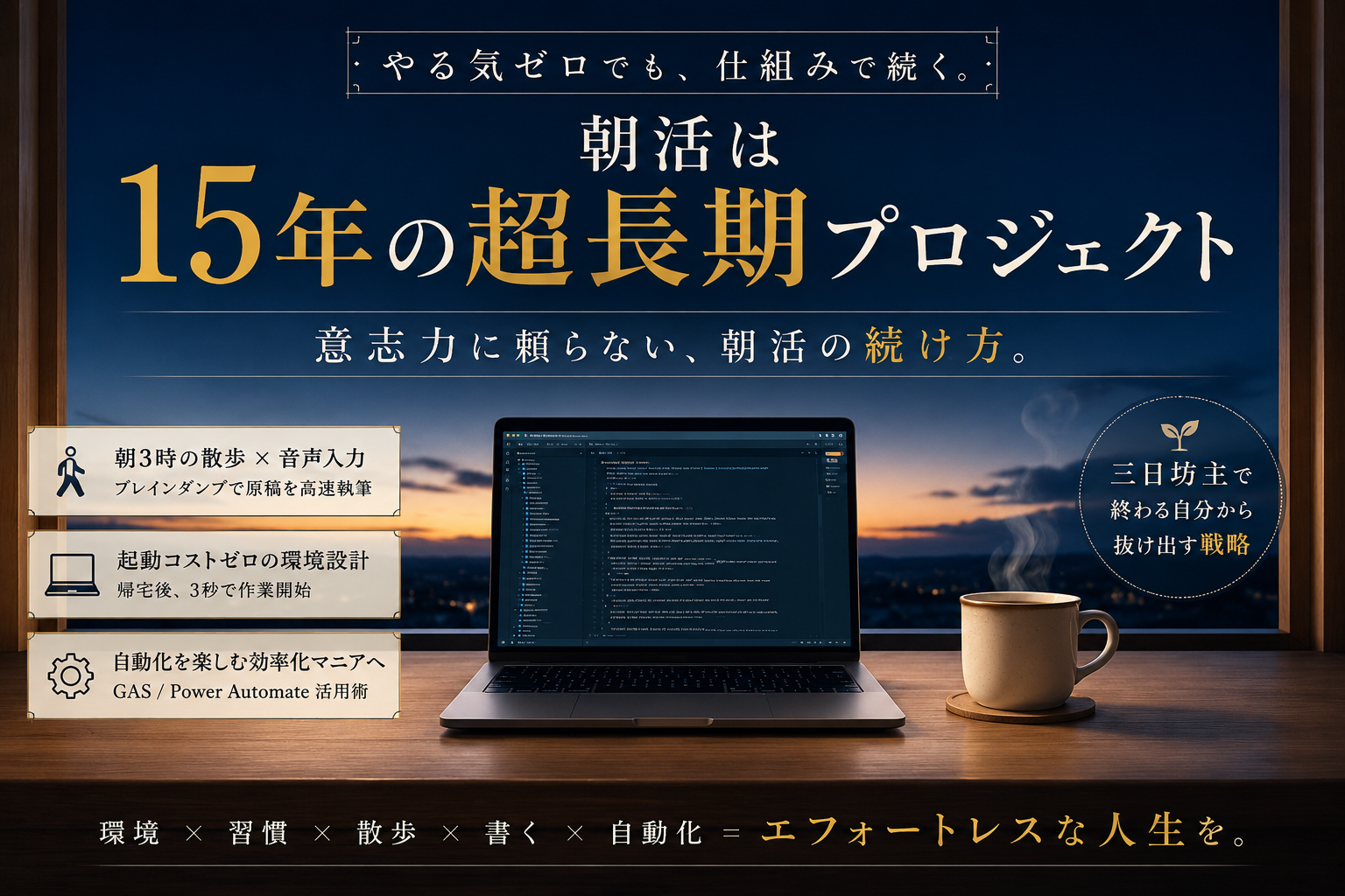 朝3時の澄んだ空気の中、KEENのサンダルを履いて散歩しながら、スマートフォンを口元に近づけて音声入力でブログを執筆している様子のイメージ画像。背景には薄暗い夜明け前のブルーモーメントから朝日に切り替わる美しいグラデーション。