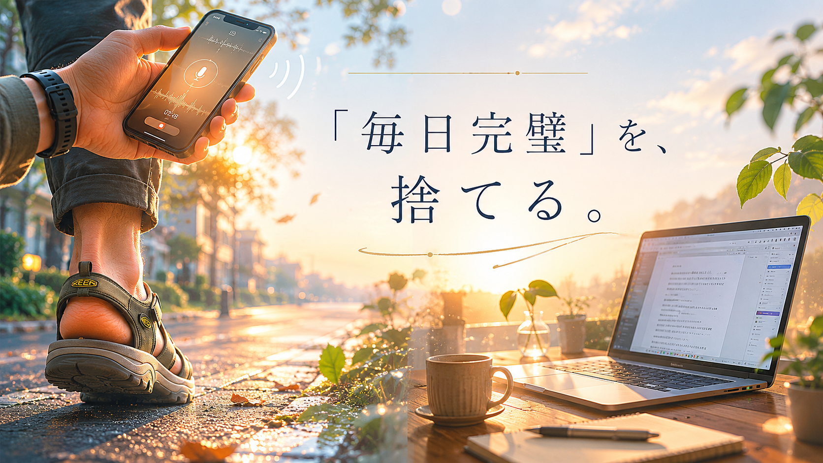 夜明け前のブルーモーメントの澄んだ空気の中、KEENのサンダルを履いて歩く足元のクローズアップ。手元のスマートフォンの画面が優しく光り、口元に近づけられている情緒的な風景。