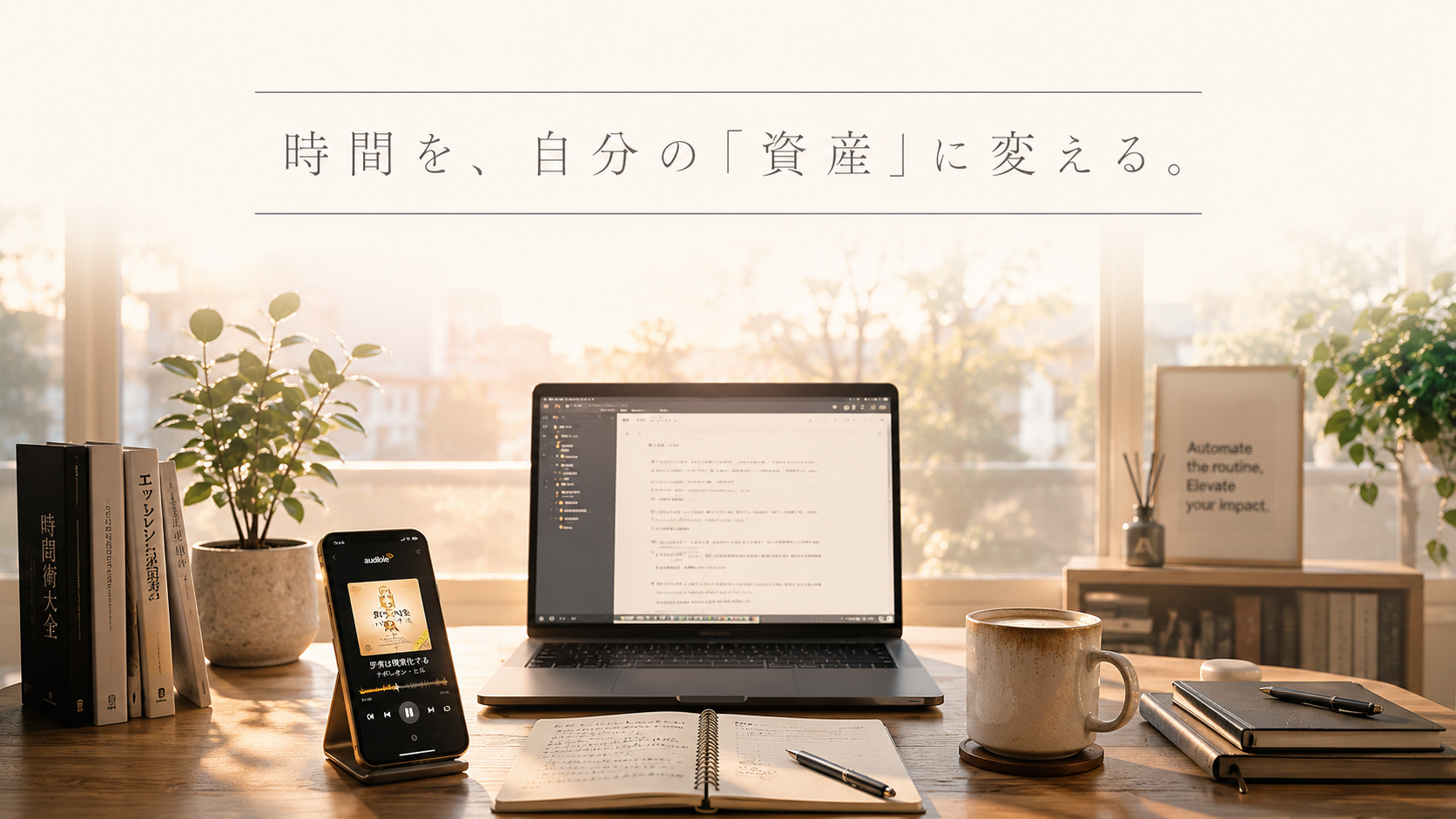 早朝の静かな木漏れ日の中、デスクの上に置かれたスマートフォンの画面がAudibleの再生画面を表示して優しく光っている様子。傍らには温かいカフェラテが入った陶器のマグカップと、開かれたメモ帳、万年筆。