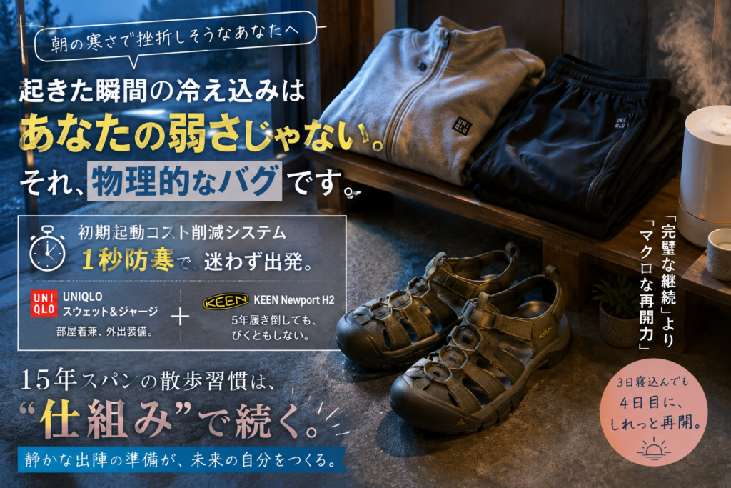 夜明け前の静かな青い光（ブルーモーメント）が差し込む玄関。たたきには長年愛用されて少し汚れがついた頑丈なKEENのNewport H2サンダルが置かれており、その横のベンチには温かそうなユニクロのグレーのスウェットとジャージが綺麗に畳まれて置かれているイメージ画像。