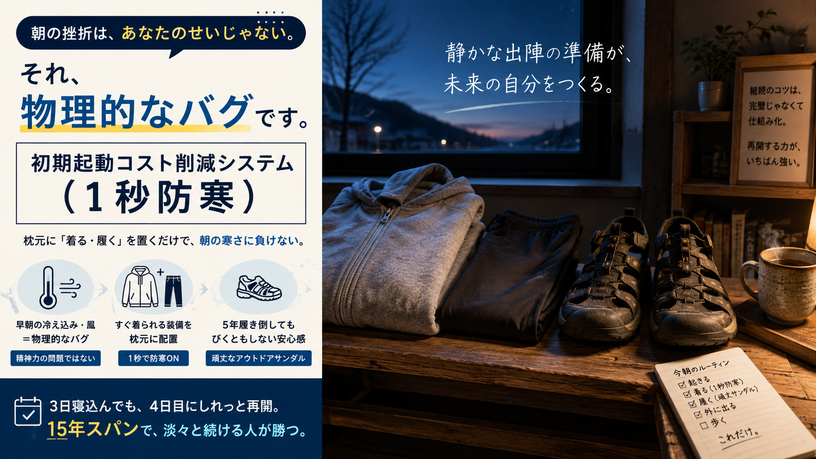 夜明け前の静かな青い光が差し込むシンプルな書斎。デスクの上には、綺麗に畳まれた防寒用のグレーのスウェット、向きが整えられたランニングシューズ、そして音声入力画面がうっすらと光るスマートフォンが配置されているイメージ画像。