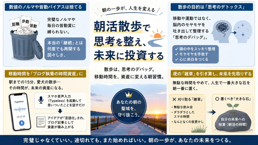 夜明け前の静かなブルーモーメントのグラデーションの中、舗道を一歩踏み出す人物の足元（KEENのNewport H2サンダル）と、手元のスマートフォンで音声入力アプリを起動して喋っている様子を捉えた、洗練されたエディトリアルな写真（人物の顔は映っていない）。