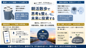 夜明け前の静かなブルーモーメントのグラデーションの中、舗道を一歩踏み出す人物の足元（KEENのNewport H2サンダル）と、手元のスマートフォンで音声入力アプリを起動して喋っている様子を捉えた、洗練されたエディトリアルな写真（人物の顔は映っていない）。