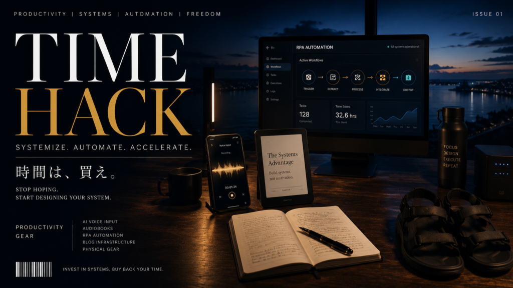 副業効率化ツール（Typeless、Audible、Power Automate、サンダル）を活用する朝活のミニマルなデスク環境と「TIME HACK」のタイポグラフィ