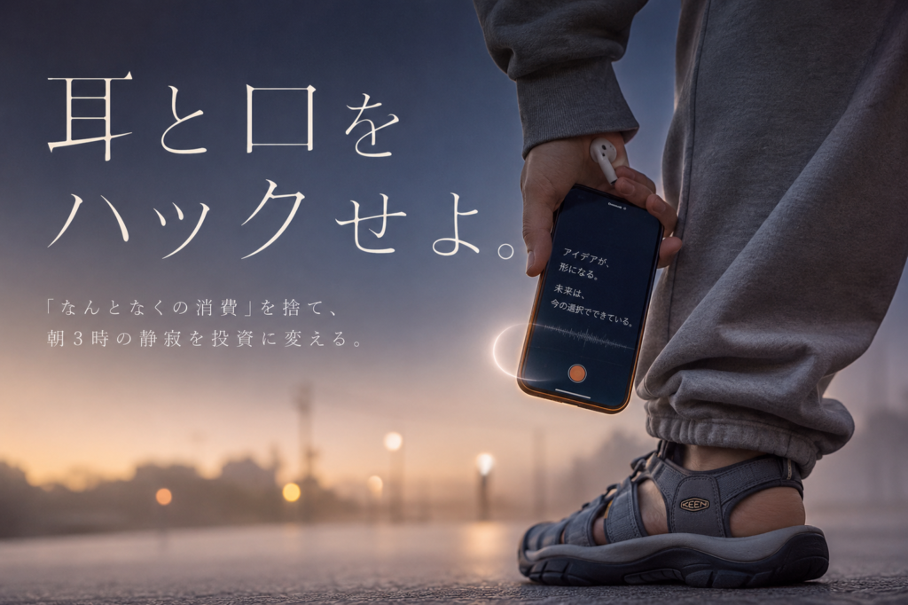 朝の散歩中に音楽やラジオを聴くのをやめ、Audibleや音声入力を活用して未来に投資する「時間の引き算」をイメージしたミニマルで洗練されたビジュアル。
