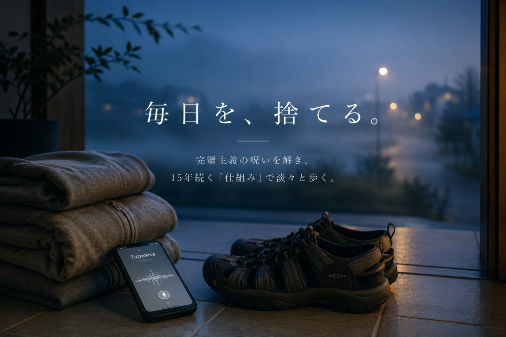 「毎日やる」という完璧主義を捨て、超長期の習慣化を見据えて静かに朝の舗道を歩み出すイメージ。
