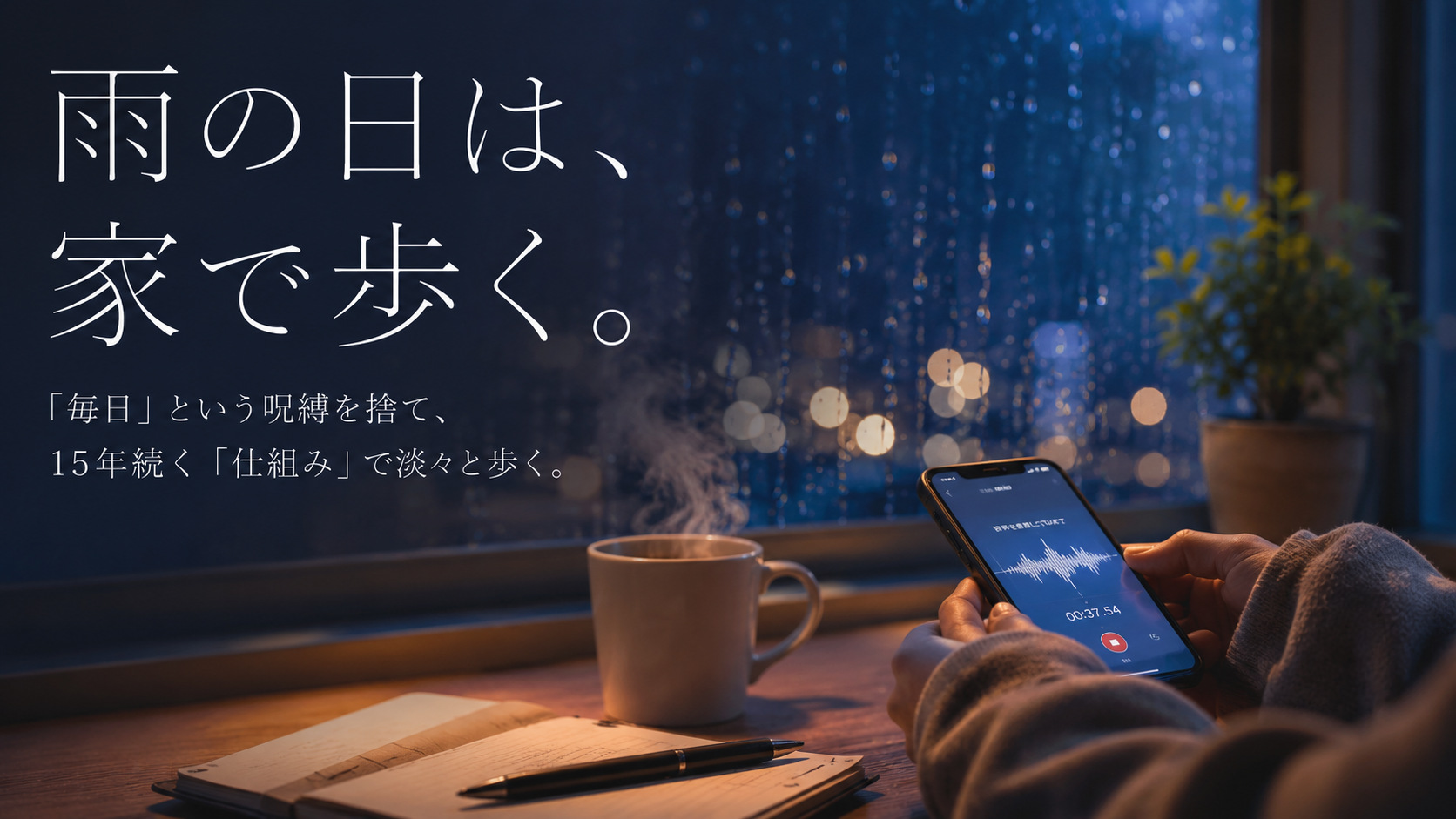 雨の日の早朝、完璧主義を捨てて家の中で静かに音声入力をしながら朝活を継続するイメージ。