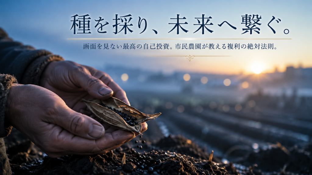 市民農園で、茶色く立ち枯れた種採り用のオクラを優しく包む手元のクローズアップ。