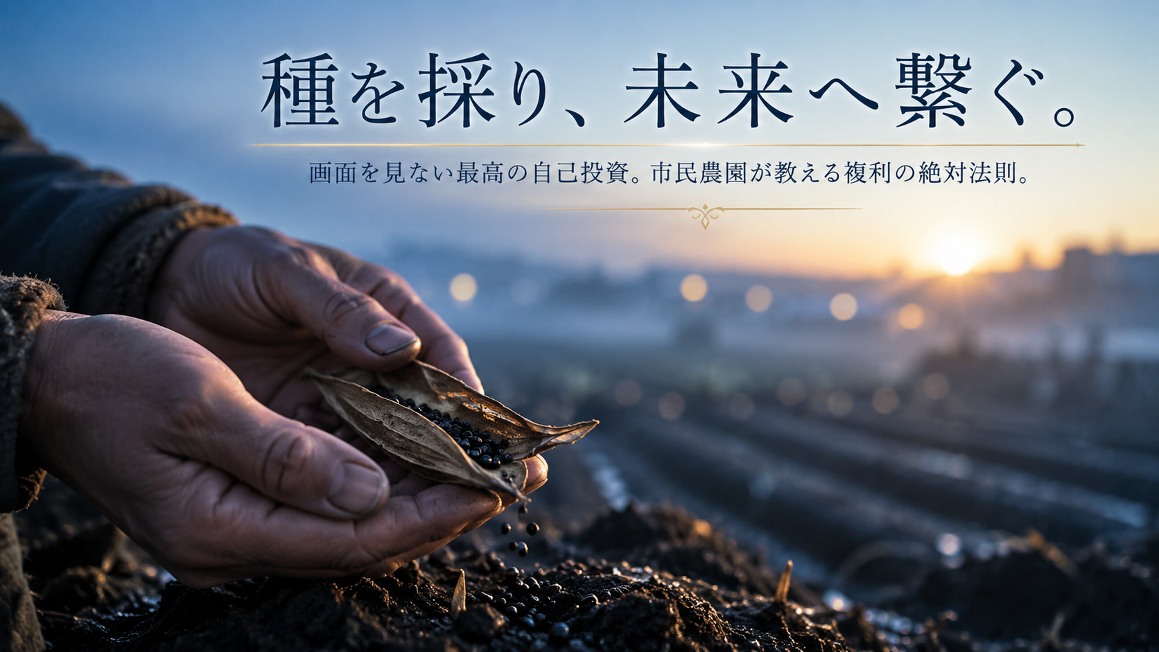 市民農園で、茶色く立ち枯れた種採り用のオクラを優しく包む手元のクローズアップ。