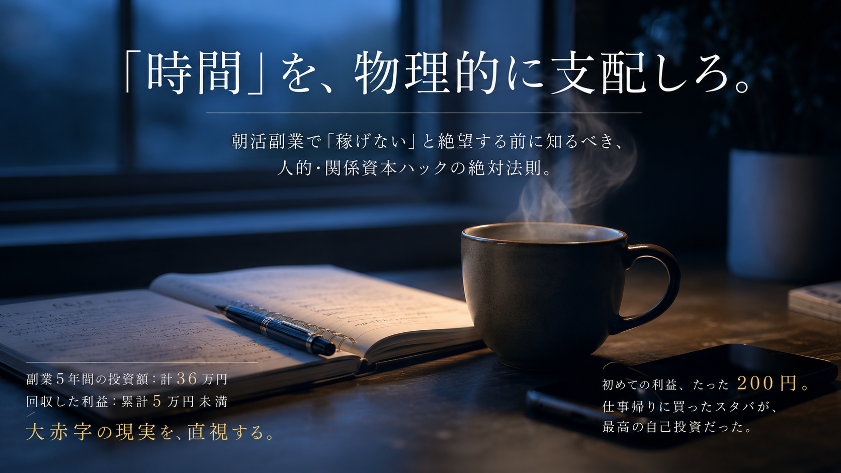 朝の青い光が差し込むシンプルな部屋の窓辺で、温かいコーヒーマグとスマートフォン、そして開かれた一冊のノートのクローズアップ。