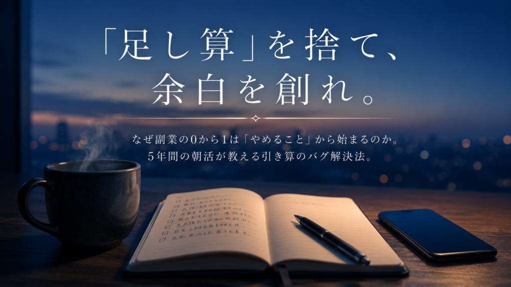 朝の青い静寂の中、木製のデスクに置かれた温かいコーヒーマグと開かれたシンプルなノート、そして画面の消えたスマートフォンのクローズアップ。