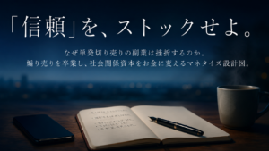朝明け前のブルーモーメントの中、静かな木製デスクの上に画面が消灯したスマートフォン、開かれたノート、万年筆、そして温かいマグカップが置かれているクローズアップ。