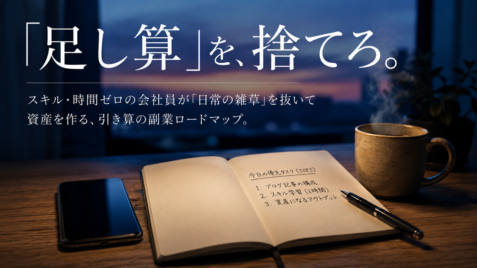 夜明け前のブルーモーメントの静かな光が差し込む書斎。木製デスクの上に画面が消灯したスマートフォン、開かれたノート、万年筆、および温かいマグカップが置かれているクローズアップ。