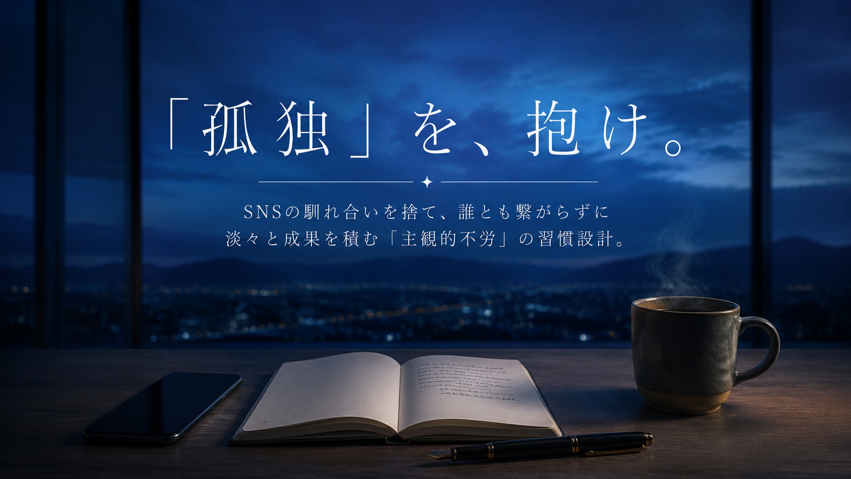 夜明け前の静かなブルーモーメントの光が差し込むミニマルな書斎。木製デスクの上に画面が消灯したスマートフォン、開かれたノート、万年筆、湯気が立つマグカップが置かれているクローズアップ。