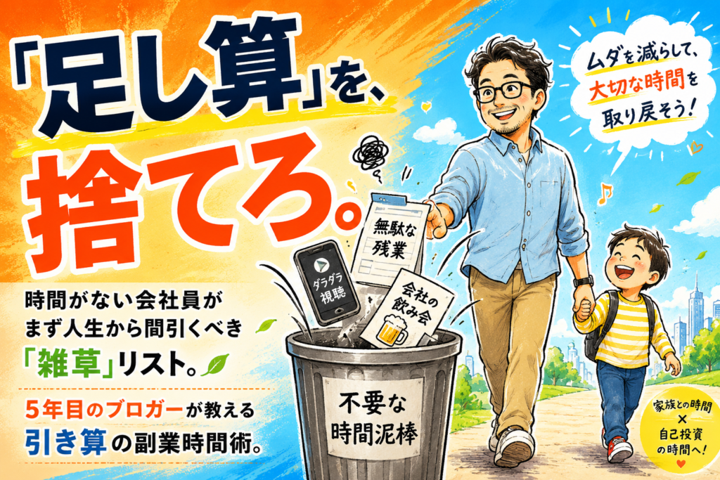 鮮やかなオレンジとブルーのグラデーション背景に、40代メガネのお父さんキャラクターが不要な付き合いやスマホをゴミ箱に捨てて、子どもと手を繋いで笑顔で歩いている手書き風イラスト。大きく『「足し算」を、捨てろ。』という文字がデザインされている。