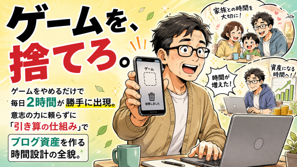 優しいパステルカラーの背景に、40代メガネのお父さんキャラクターがゲームアプリを消したスマートフォンを片手に持ち、もう片手で楽しそうにPCに向かっている日本のビジネス漫画風のイラスト。上部に太ゴシック体で『ゲームを、捨てろ。』という文字が書かれている。