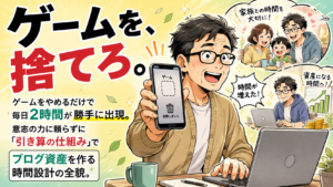 優しいパステルカラーの背景に、40代メガネのお父さんキャラクターがゲームアプリを消したスマートフォンを片手に持ち、もう片手で楽しそうにPCに向かっている日本のビジネス漫画風のイラスト。上部に太ゴシック体で『ゲームを、捨てろ。』という文字が書かれている。