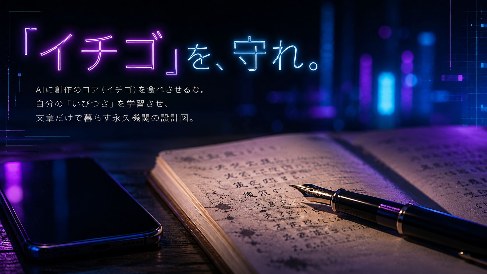 暗闇の中に柔らかく光るサイバーパンク風のネオンブルーとパープルの光に照らされた、手書きのシンプルなノートとクラシックな万年筆。ノートの横には画面が消灯したスマートフォンがあり、デジタルデトックスと深い内省を象徴する。上部にネオン調のフォントで『「イチゴ」を、守れ。』と書かれているイラスト。