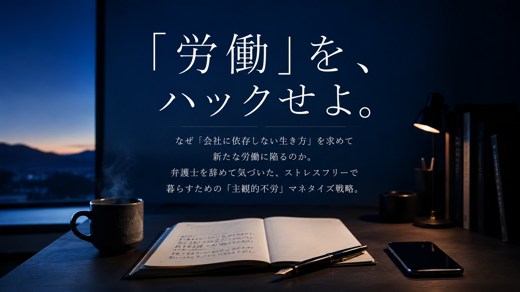 夜明け前のブルーモーメントの静かな光が差し込むミニマルな書斎。木製デスクの上に画面が消灯したスマートフォン、開かれたノート、万年筆、および温かいマグカップが置かれているクローズアップ。