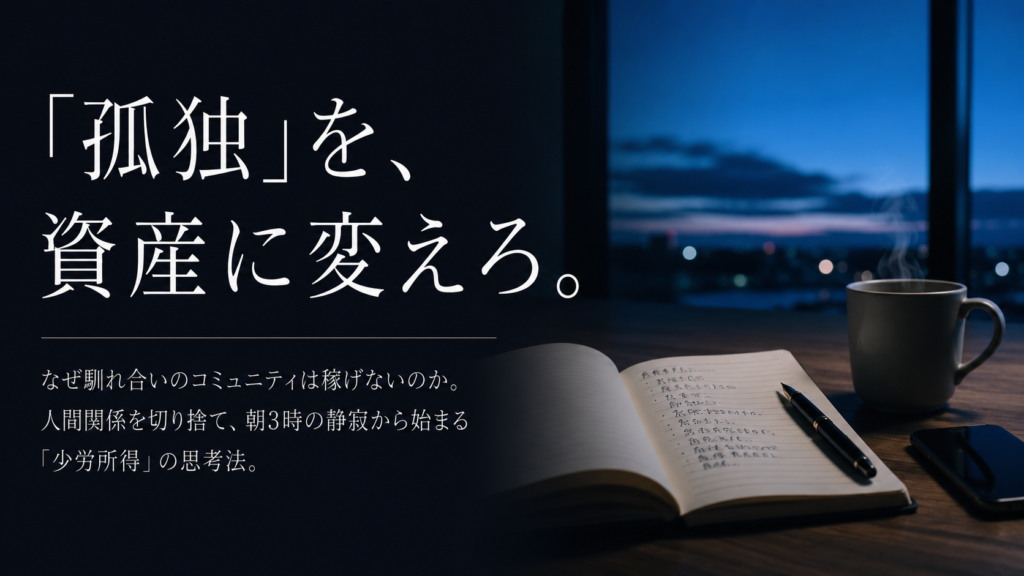 夜明け前の深く透明な青い光（ブルーモーメント）が差し込む静かな部屋。シンプルな木製デスクの上には、画面が消灯したスマートフォン、万年筆、数行の手書きメモが残された開かれたノート、うっすらと湯気が立つ陶器のマグカップがミニマルに配置されている。