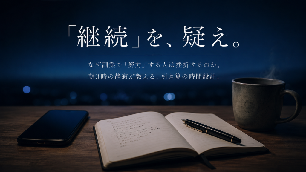 夜明け前の澄み切った青い光（ブルーモーメント）が差し込むミニマルな書斎。木製デスクの上に置かれた、画面が消灯したスマートフォン、万年筆、手書きのメモが残されたシンプルなノート、そして温かそうなマグカップ。