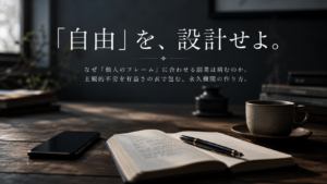 落ち着いたシックなダークトーンの書斎。アンティークな木製デスクの上に置かれた、画面が消灯したスマートフォン、万年筆、手書きのメモが残されたシンプルなノート、そして温かそうなマグカップ。
