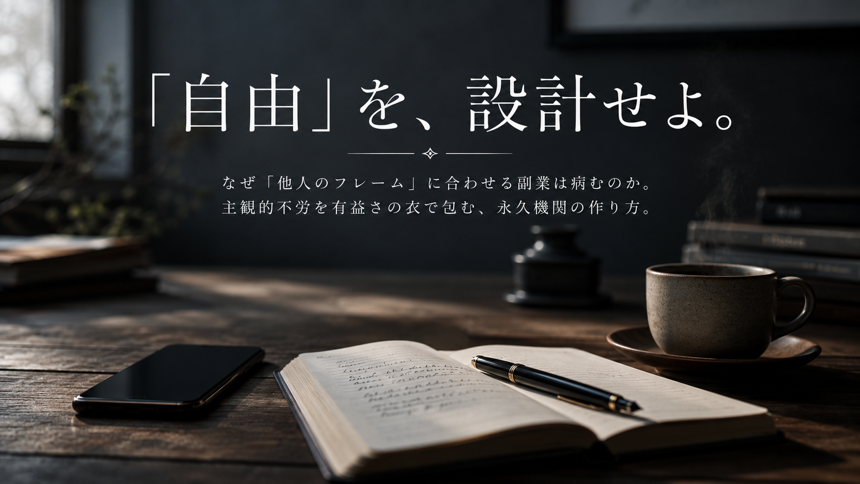 落ち着いたシックなダークトーンの書斎。アンティークな木製デスクの上に置かれた、画面が消灯したスマートフォン、万年筆、手書きのメモが残されたシンプルなノート、そして温かそうなマグカップ。