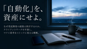朝3時の静かなブルーモーメントの光が差し込むシックな書斎。デスクの上には、画面が消灯したスマートフォン、万年筆、手書きのメモが残されたノート、マグカップ。