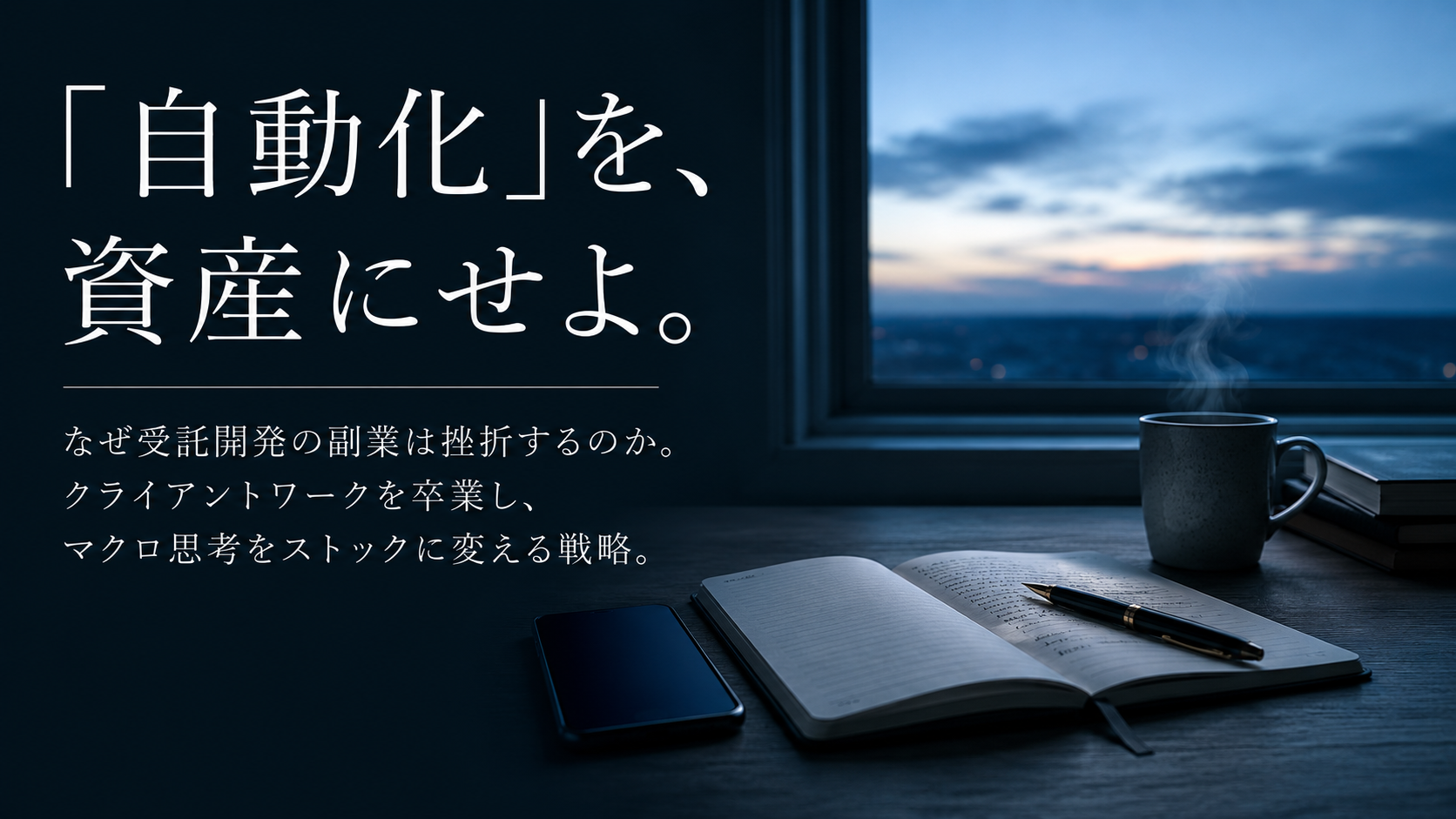 朝3時の静かなブルーモーメントの光が差し込むシックな書斎。デスクの上には、画面が消灯したスマートフォン、万年筆、手書きのメモが残されたノート、マグカップ。