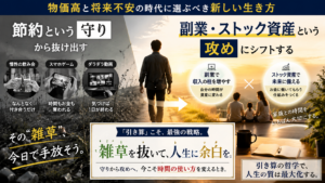 夜明け前のブルーモーメントの青い光が差し込むミニマルな書斎。デスクの上には消灯したスマートフォン、万年筆、手書きのノート、マグカップ。