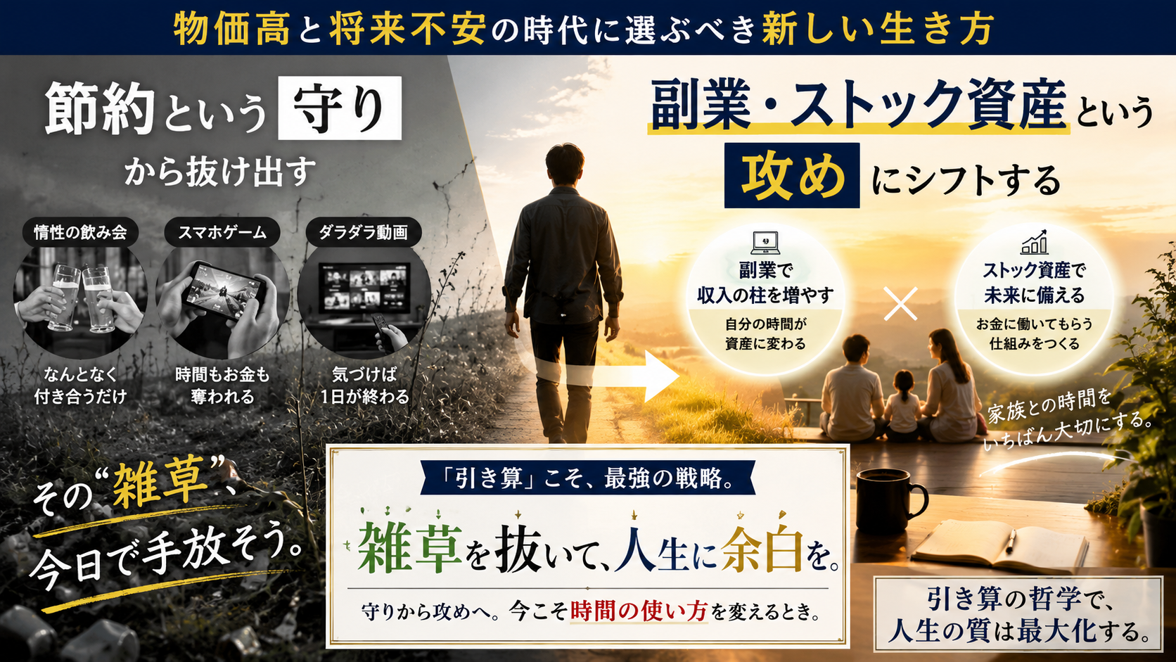 夜明け前のブルーモーメントの青い光が差し込むミニマルな書斎。デスクの上には消灯したスマートフォン、万年筆、手書きのノート、マグカップ。